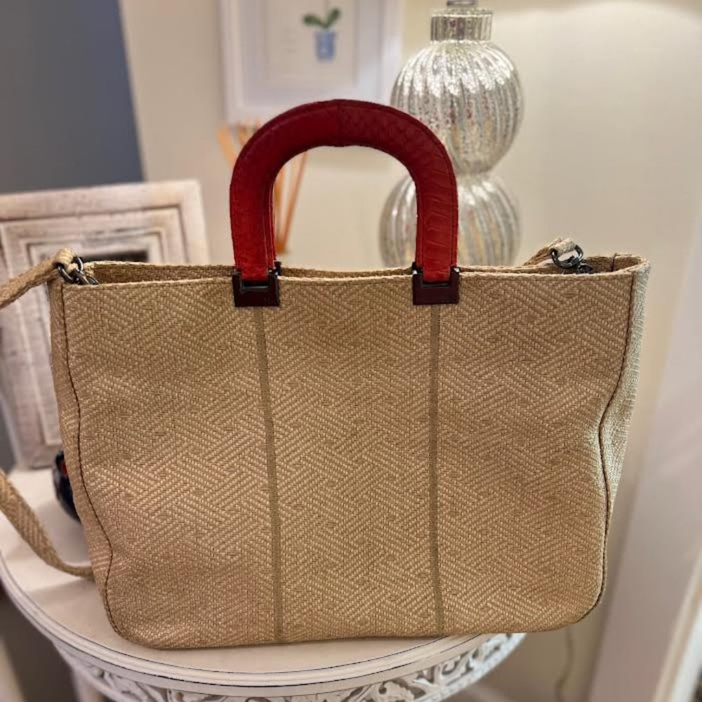 Rare Kotur Mortimer Balinese Straw Tote With Orange Snakeskin Sueded Handles View 3